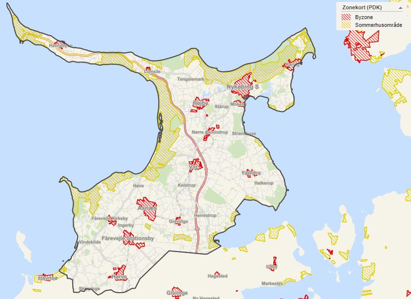 Kort over inddeling i byzone, sommerhusområder og landzone
